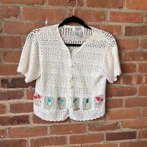 Teddi White Crochet Cardigan with Floral Accents USA M